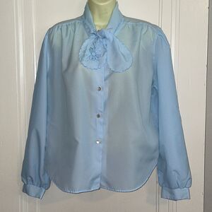 Vtg 70s‎ Frederico light blue polyester blouse with embroidered tie at neck